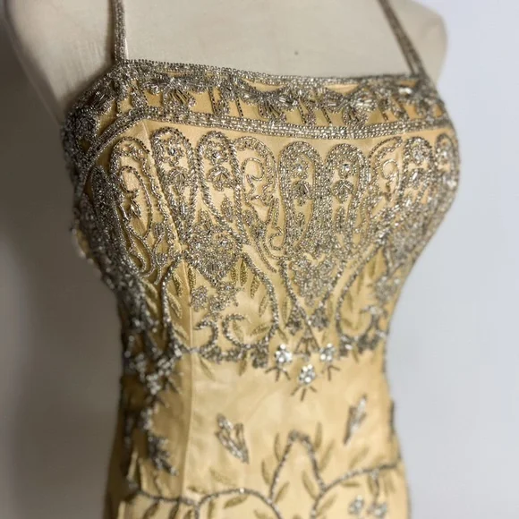VINTAGE 90s/Y2K Beaded Silk Open Back Ombré Gold Silver Formal Prom Dress Small - Picture 2 of 8